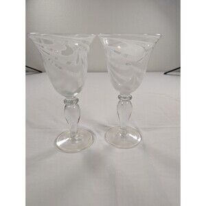 White Swirl Water Wine Goblets 9” Hand Blown Glass Set Of 2